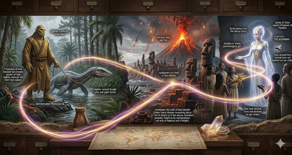 A photorealistic cinematic mosaic showing Lemurian giants with reptiles, a city destroyed by fire, and a Venusian teacher.