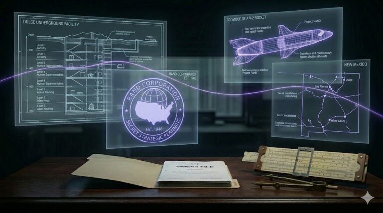 A ghost-unified tactical image showing Dulce base blueprints, RAND seals, and von Braun rocket schematics unified by a glowing violet thread.