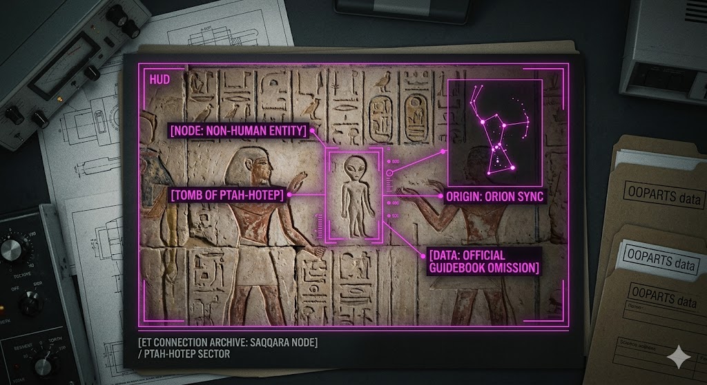 Photorealistic forensic visualization of the alien grey figure in the Tomb of Ptah-Hotep with tactical HUD overlays.