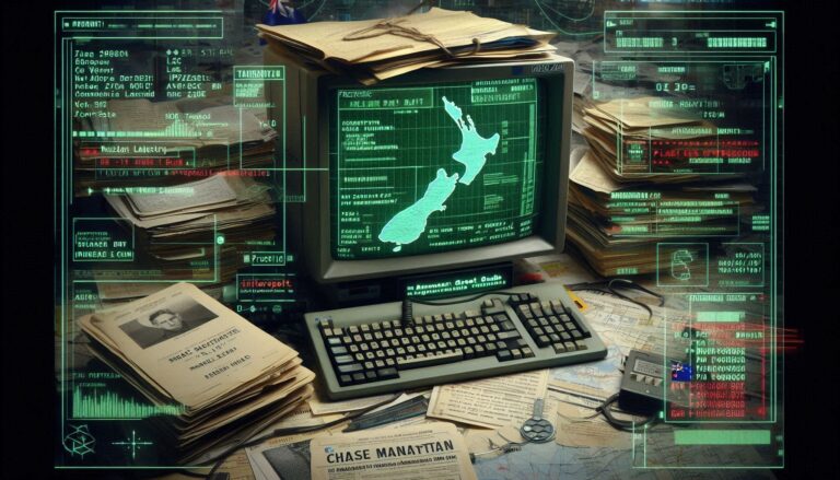 A photorealistic forensic visualization of a 1980s computer terminal displaying Opal File data with a tactical neon-magenta HUD overlay showing financial trade routes.