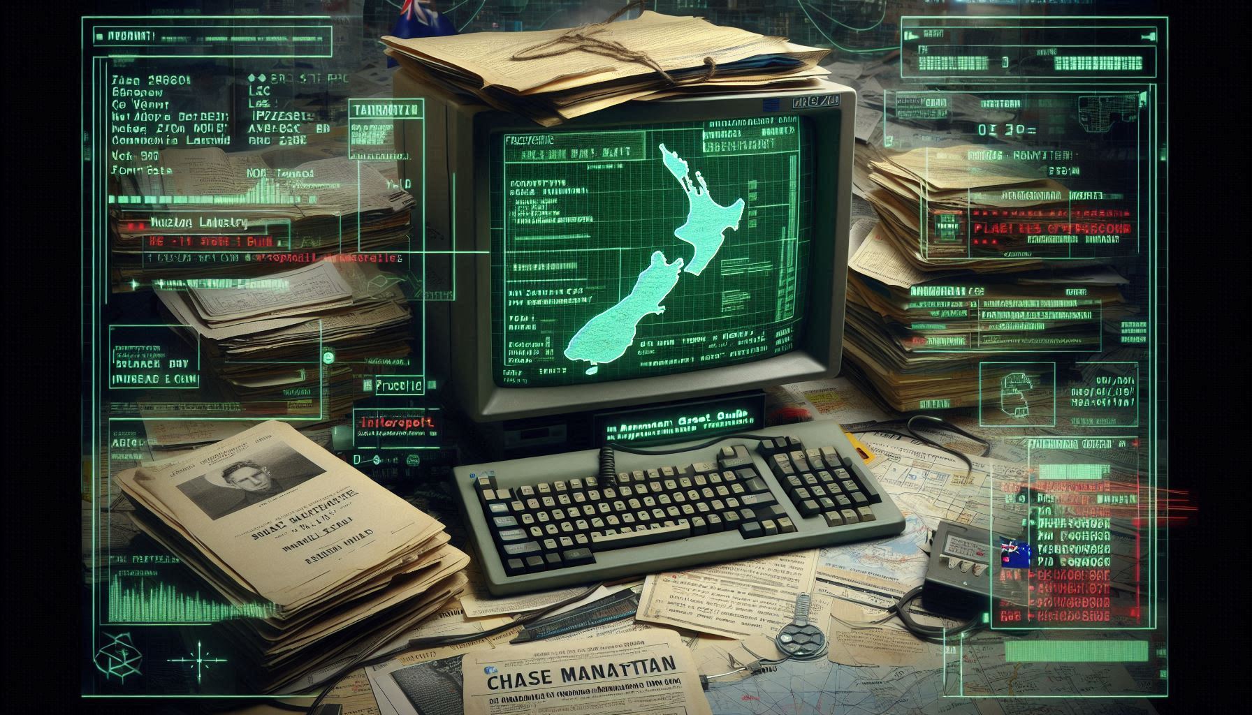 A photorealistic forensic visualization of a 1980s computer terminal displaying Opal File data with a tactical neon-magenta HUD overlay showing financial trade routes.