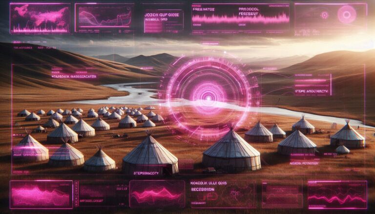 A photorealistic forensic visualization of a Central Asian nomadic encampment with a tactical neon-magenta HUD overlay showing tribal tamgas and migration vectors.