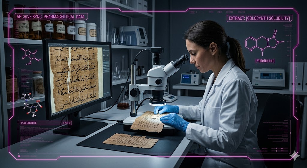 Forensic scientist analyzing Hearst Medical Papyrus with a tactical HUD overlay showing 18th Dynasty medical protocols.