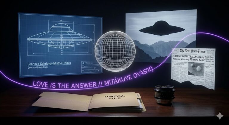 A ghost-unified tactical image showing Diskus blueprints, Foo Fighter wireframes, and vintage news clippings unified by a glowing violet thread.