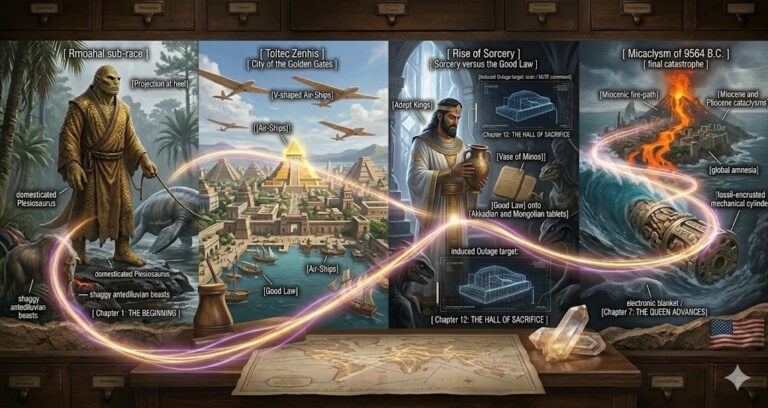 A photorealistic cinematic mosaic showing Rmoahal giants, the City of the Golden Gates with air-ships, and a Toltec Adept King.