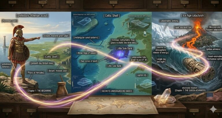 A photorealistic cinematic mosaic showing the prehistoric Celtic plain, a sonar map of underwater canals, and the Ice Age flood.