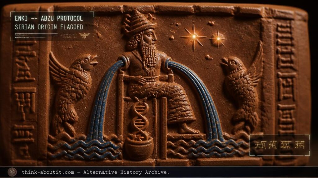 A Sumerian cylinder seal impression showing Ea Enki seated on a water throne with twin Abzu streams and a double helix DNA rising from a clay vessel with the binary star Sirius visible in the background sky