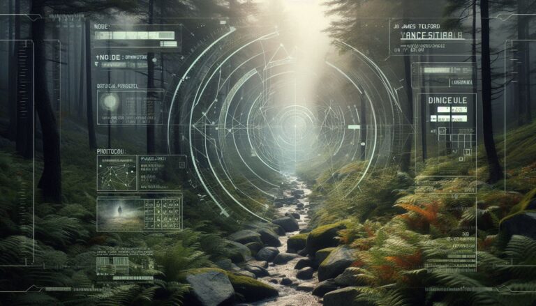 A photorealistic forensic visualization of the Vermont Long Trail with a tactical neon-magenta HUD overlay showing vanishing points and electromagnetic vectors.