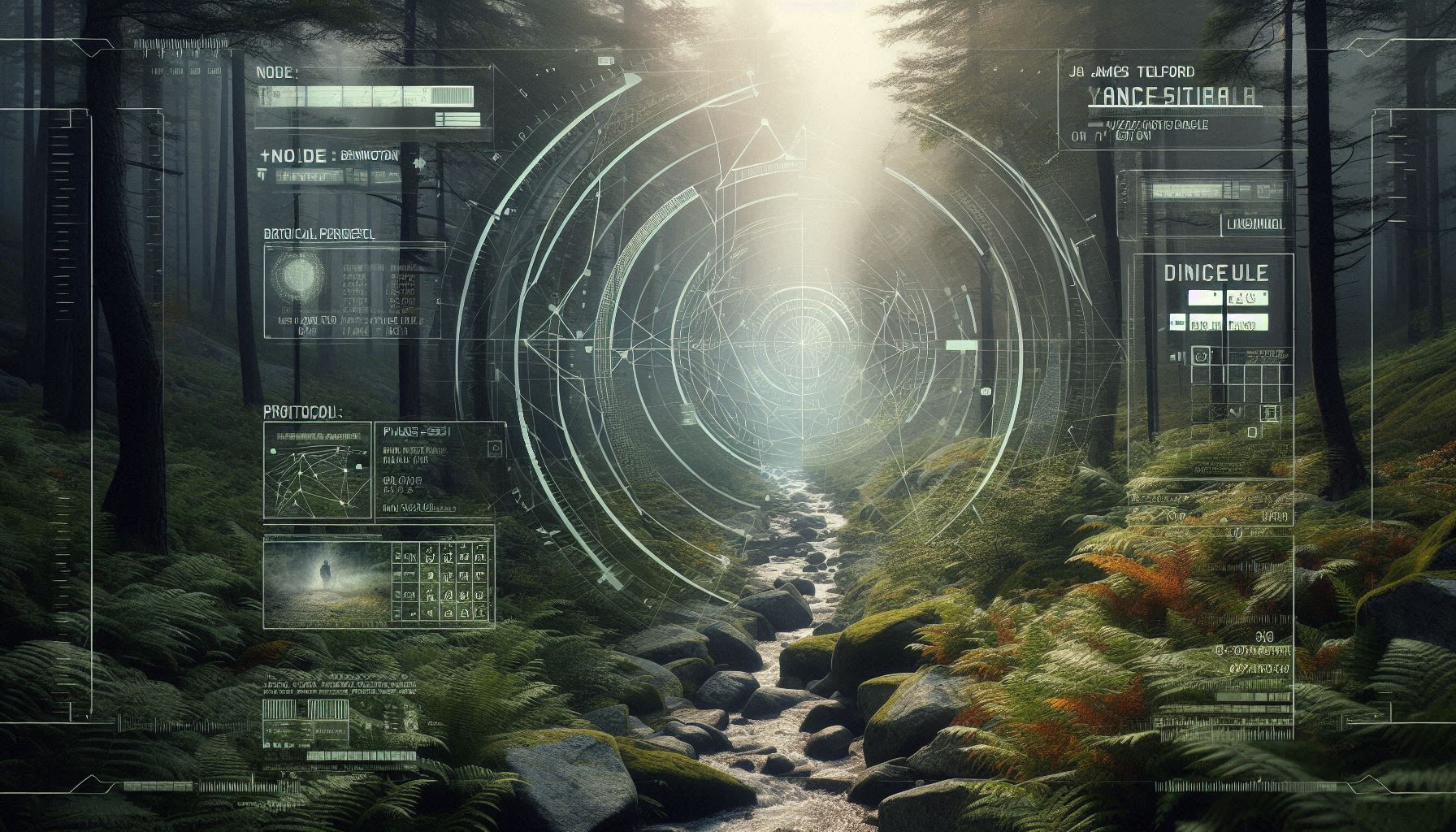 A photorealistic forensic visualization of the Vermont Long Trail with a tactical neon-magenta HUD overlay showing vanishing points and electromagnetic vectors.