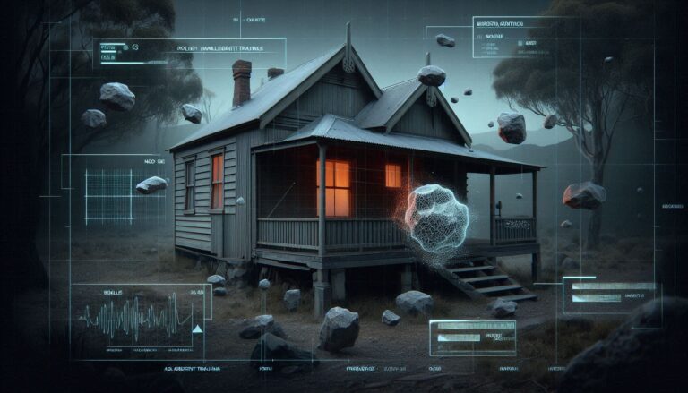 A photorealistic forensic visualization of a 1920s Australian weatherboard cottage pelted by rocks with a tactical neon-magenta HUD overlay showing kinetic vectors.