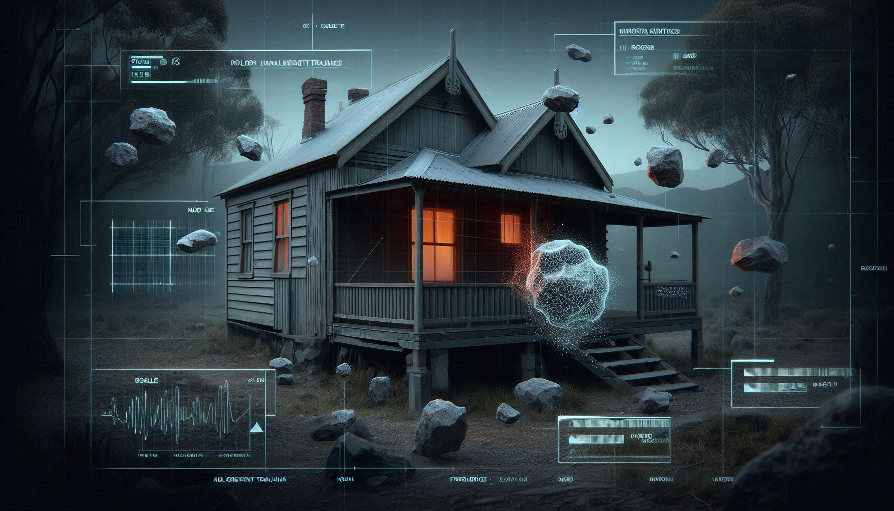 A photorealistic forensic visualization of a 1920s Australian weatherboard cottage pelted by rocks with a tactical neon-magenta HUD overlay showing kinetic vectors.