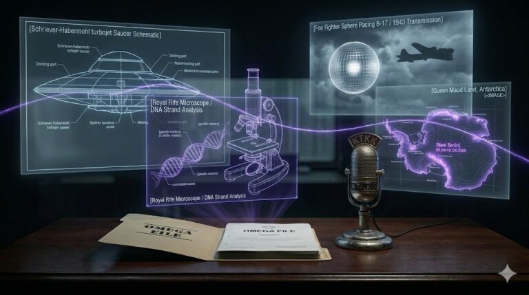A ghost-unified tactical image showing studio microphones, Rife microscopes, and Antarctic maps unified by a glowing violet thread.