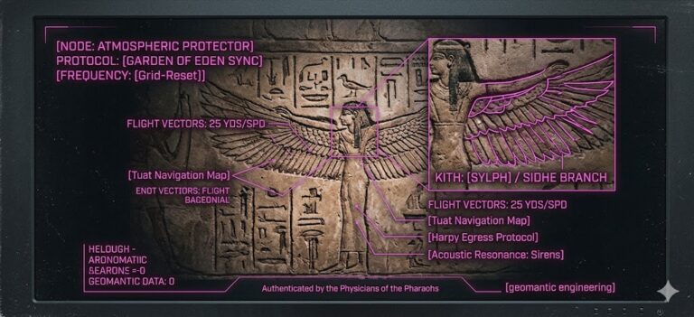 A photorealistic forensic visualization of a Sylph with massive feathered wings and tactical HUD data overlays.