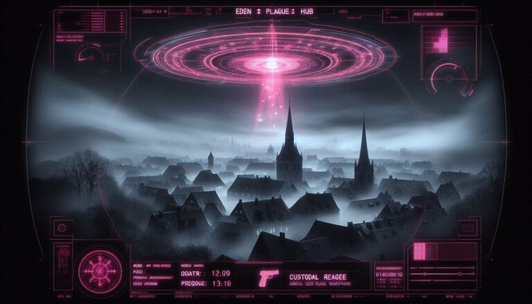 A photorealistic forensic visualization of a medieval town under a toxic mist with a tactical neon-magenta HUD overlay showing UFO flight paths.