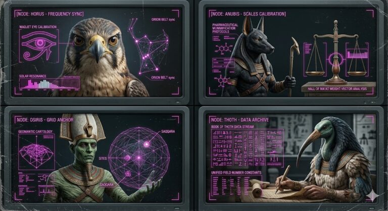 Photorealistic forensic visualization of Horus, Anubis, Osiris, and Thoth with integrated tactical HUD data overlays.