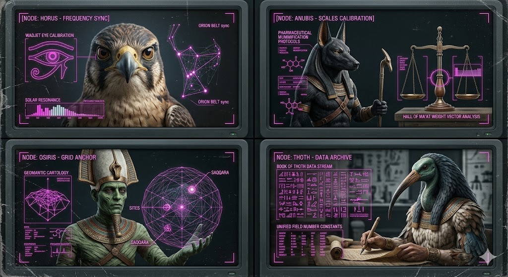 Photorealistic forensic visualization of Horus, Anubis, Osiris, and Thoth with integrated tactical HUD data overlays.
