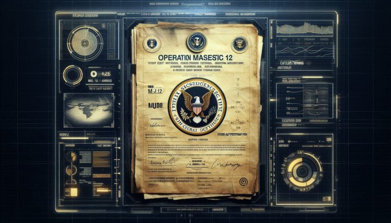 A photorealistic forensic visualization of the MJ-12 Eisenhower Briefing Document with a tactical neon-magenta HUD overlay showing classified stamps and typeface analysis.