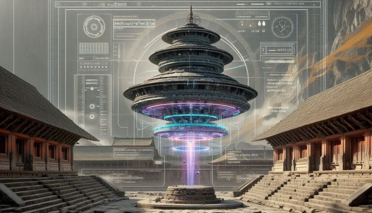 A photorealistic forensic visualization of a Vedic Vimana with a tactical neon-magenta HUD overlay showing engine schematics and flight vectors.