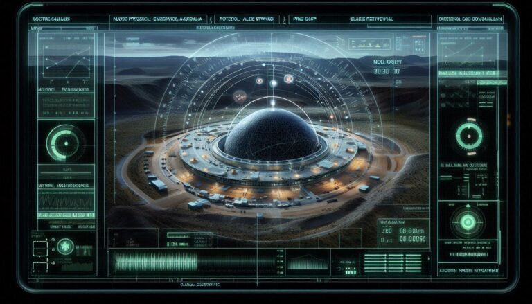 A photorealistic forensic visualization of the Pine Gap facility with a tactical neon-magenta HUD overlay showing camouflaged door locations and electromagnetic vectors.