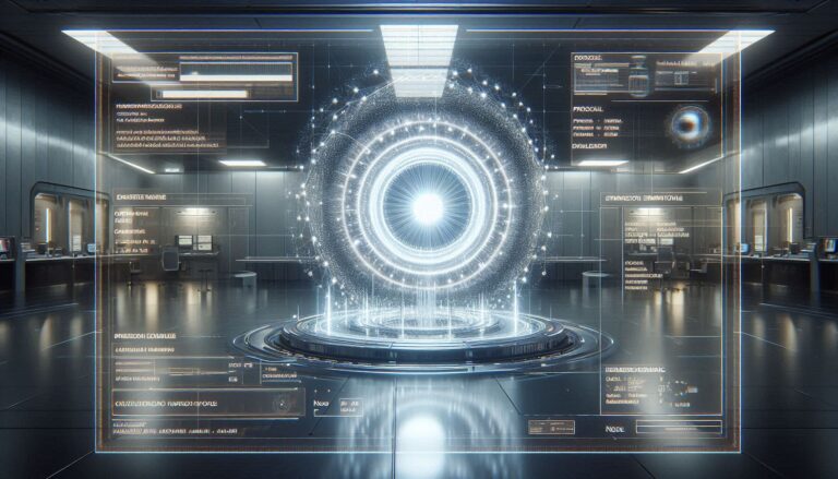 A photorealistic forensic visualization of a temporal portal in a modern city with a tactical neon-magenta HUD overlay showing space-time curvature data.