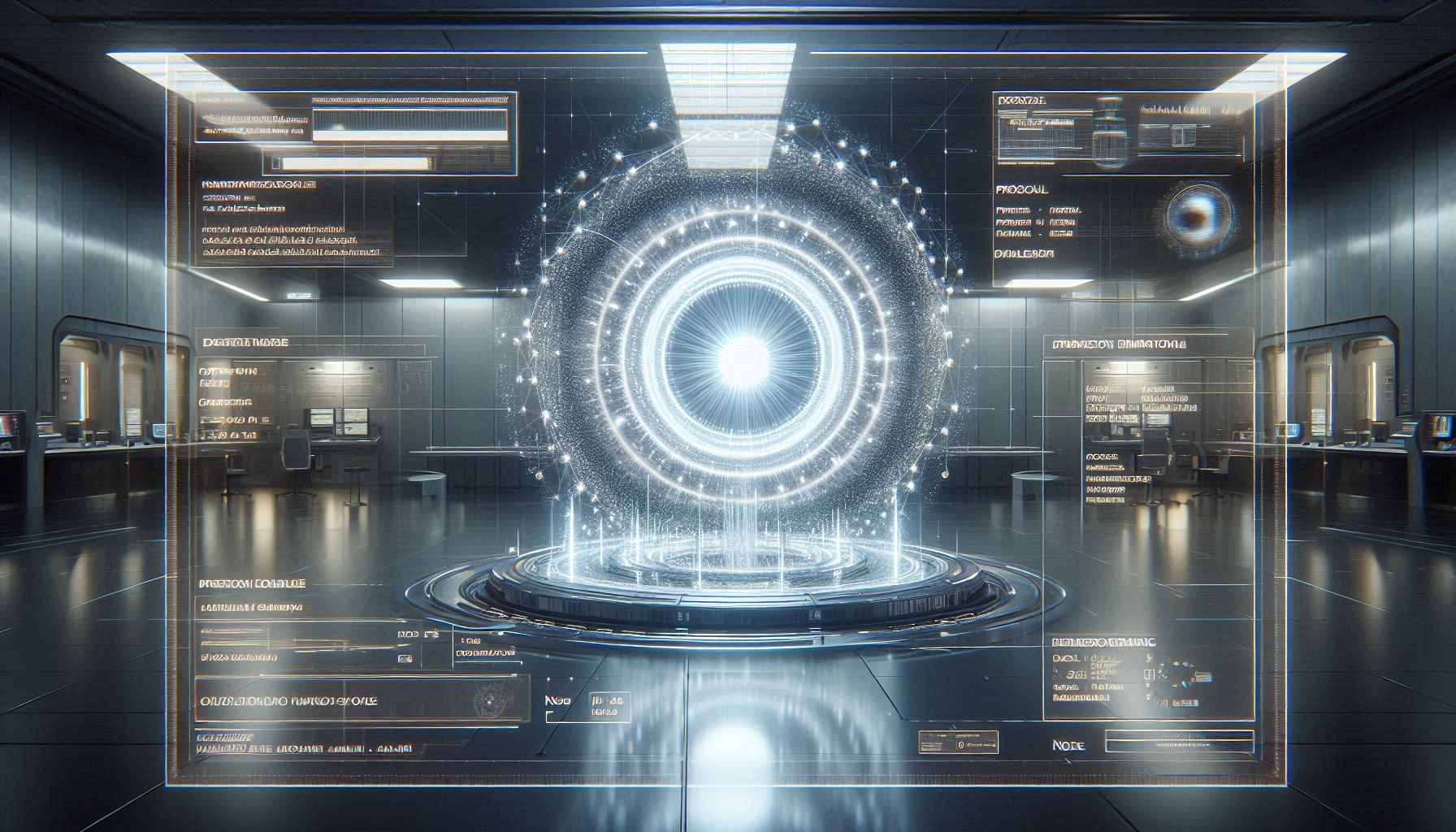 A photorealistic forensic visualization of a temporal portal in a modern city with a tactical neon-magenta HUD overlay showing space-time curvature data.