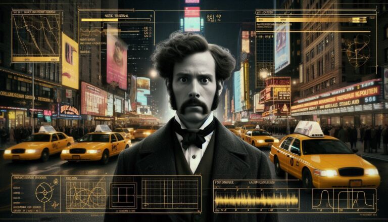A photorealistic forensic visualization of Rudolph Fentz in Victorian attire materializing in 1950s Times Square with a tactical neon-magenta HUD overlay.