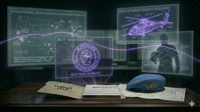 A ghost-unified tactical image showing U.N. deployment maps, unmarked helicopters, and detention schematics unified by a glowing violet thread.