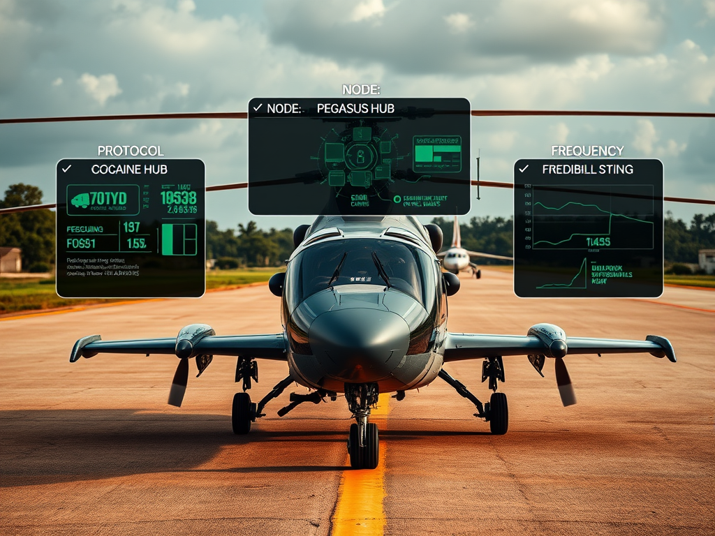 A photorealistic forensic visualization of a MD-500 Defender helicopter with a tactical neon-magenta HUD overlay showing drug shipment routes and OSG-3 protocols.