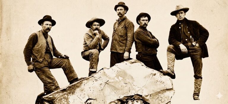 Sepia-toned historical photo of copper miners in the Lake Superior region standing on a mass of copper ore.
