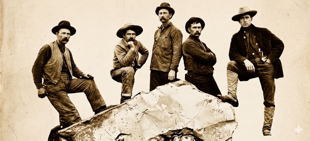 Sepia-toned historical photo of copper miners in the Lake Superior region standing on a mass of copper ore.