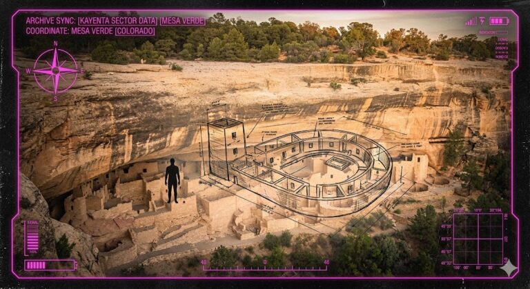 High-definition archival photo of Cliff Palace at Mesa Verde with a 12-foot Anasazi structural schematic and tactical HUD overlay.