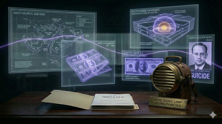 A ghost-unified tactical image showing South Atlantic maps, neutron bomb schematics, and currency sheets unified by a glowing violet thread.