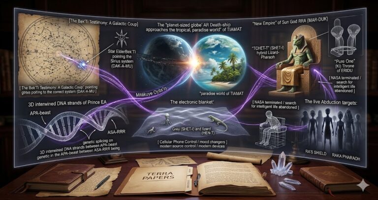 A ghost-unified tactical image showing the PESH-METEN star lanes, DNA wireframes, and reptilian silhouettes unified by a glowing violet thread.