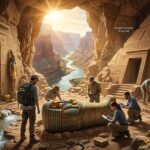 High-definition visualization of an Egyptian temple discovery inside a Grand Canyon cave with artifacts and hieroglyphs.