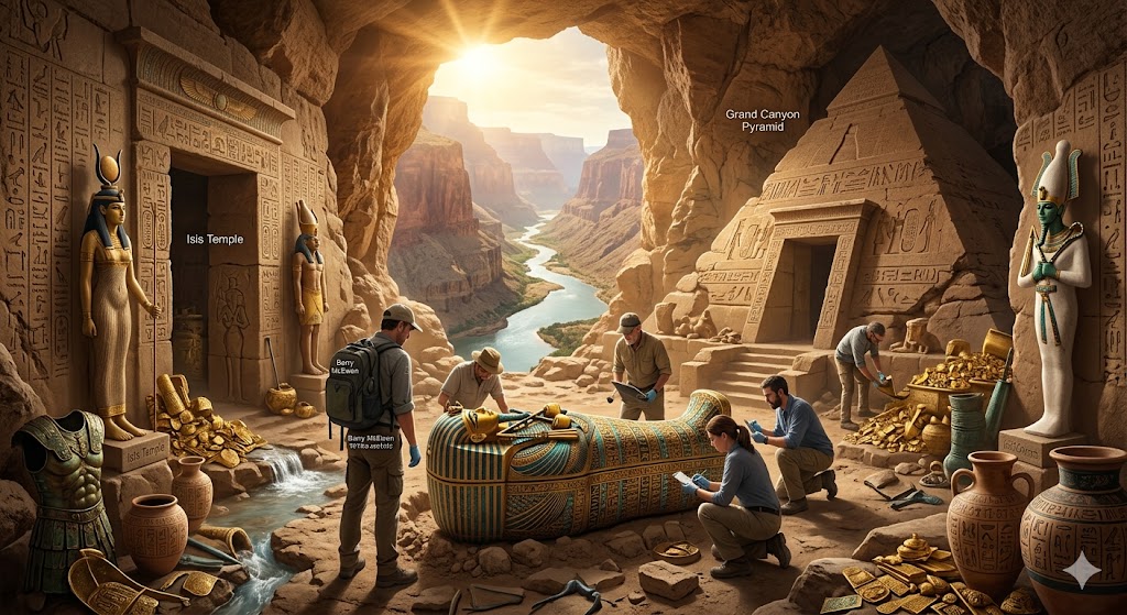High-definition visualization of an Egyptian temple discovery inside a Grand Canyon cave with artifacts and hieroglyphs.