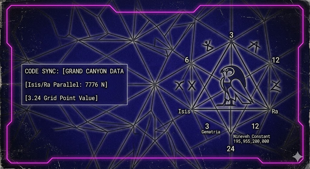 Technical HUD visualization of the Grand Canyon Geomantic Grid, showing the mathematical connections between Isis Temple and Tower of Ra.