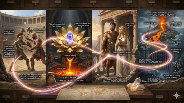 A photorealistic cinematic mosaic showing a gladiatorial battle, a golden sun altar, and a couple escaping a volcanic eruption.