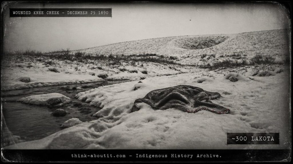 A snow-covered creek bank at dawn showing a single dark blanket half-buried in the snow with the faint depression of a mass grave on a low hillside in the background in silver gelatin glass-plate style