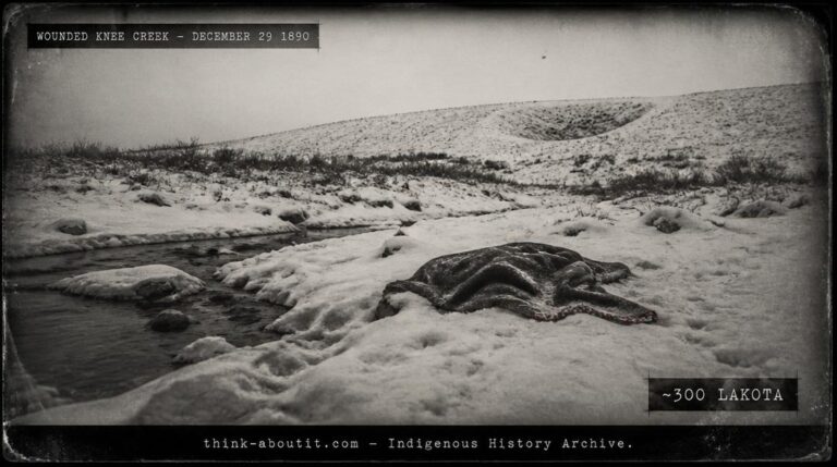 A snow-covered creek bank at dawn showing a single dark blanket half-buried in the snow with the faint depression of a mass grave on a low hillside in the background in silver gelatin glass-plate style