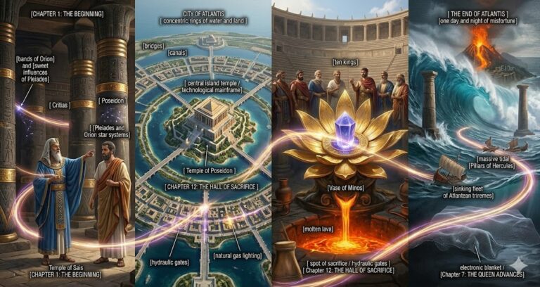 A photorealistic cinematic mosaic showing an Egyptian priest, the rings of Atlantis, and a tidal wave at the Pillars of Hercules.
