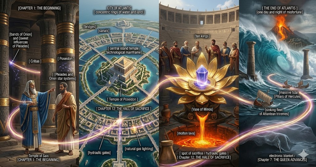 A photorealistic cinematic mosaic showing an Egyptian priest, the rings of Atlantis, and a tidal wave at the Pillars of Hercules.