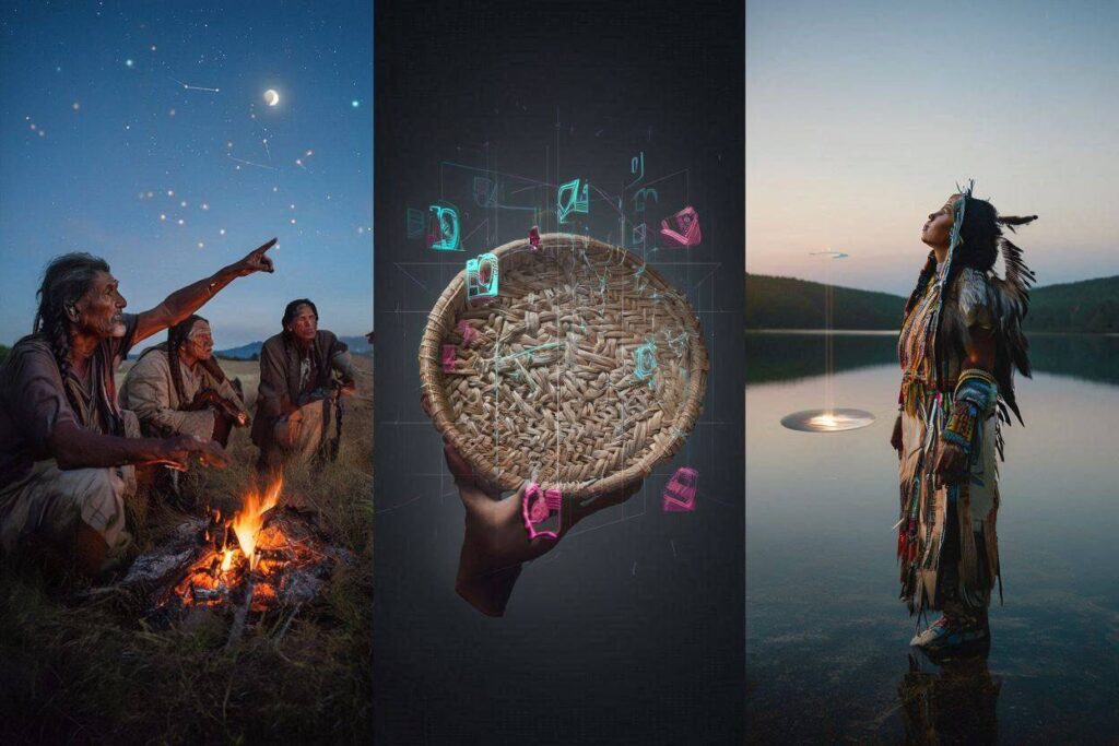 A photorealistic cinematic mosaic showing elders by a fire, a star-chart HUD on a basket, and a star-woman watching a craft descend.