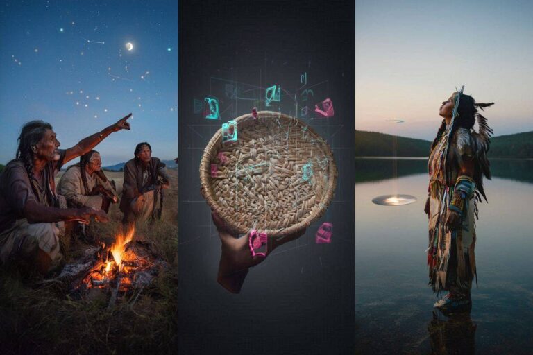 A photorealistic cinematic mosaic showing elders by a fire, a star-chart HUD on a basket, and a star-woman watching a craft descend.