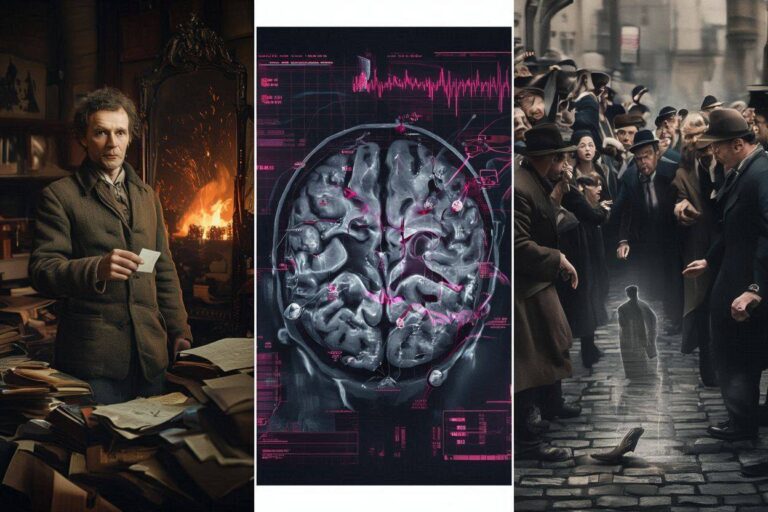 A photorealistic cinematic mosaic showing Charles Fort in his library, a brain HUD overlay, and a public disappearance.