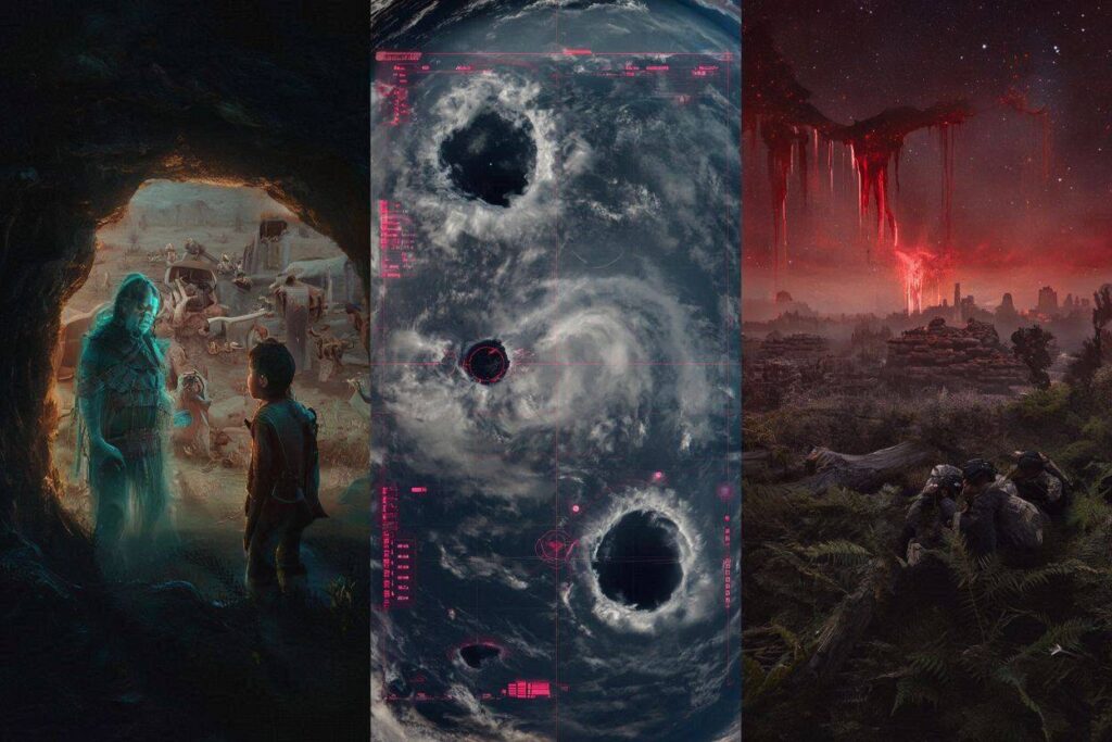 A photorealistic cinematic mosaic showing a spirit warrior's vision, holes in the sky HUD, and a bleeding red sky over ruined cities.