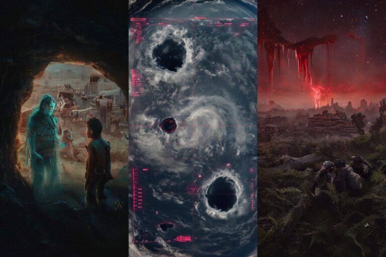 A photorealistic cinematic mosaic showing a spirit warrior's vision, holes in the sky HUD, and a bleeding red sky over ruined cities.