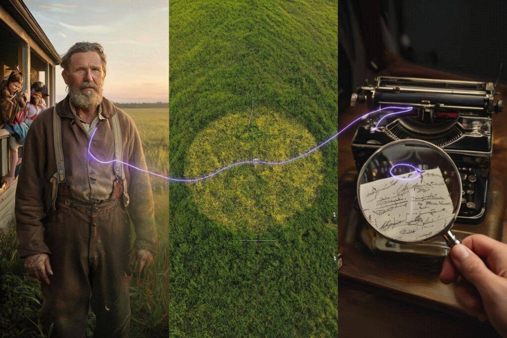 A photorealistic cinematic mosaic showing David Lang vanishing, a sterile ground circle HUD, and Fate Magazine evidence.