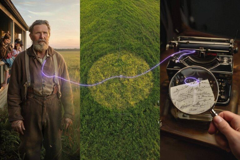 A photorealistic cinematic mosaic showing David Lang vanishing, a sterile ground circle HUD, and Fate Magazine evidence.