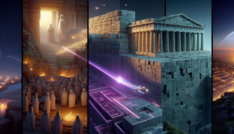 A photorealistic cinematic mosaic showing ancient craft landing at Baalbek, a HUD overlay of the Trilithon, and the Temple of Jupiter.