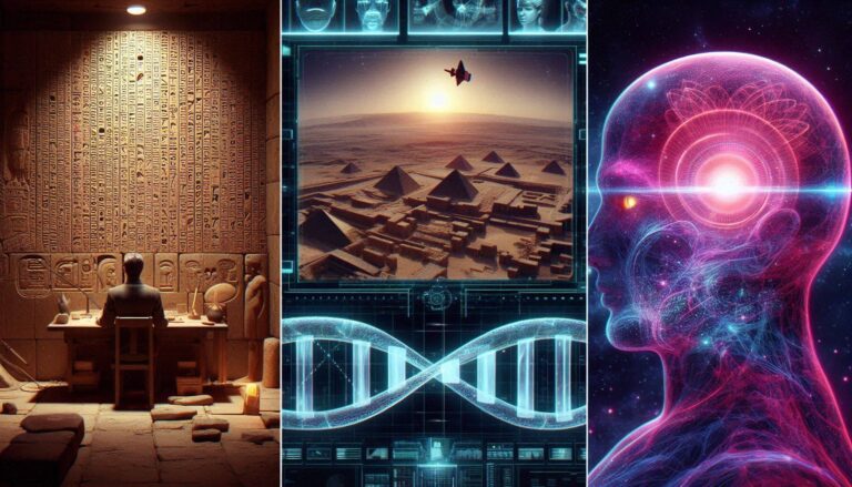 A photorealistic cinematic mosaic showing Sumerian scribes, a DNA HUD overlay, and the face on Mars connected to Giza.